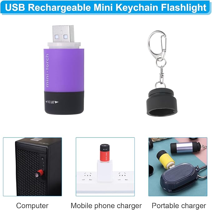 PATIKIL Mini Keychain Flashlight, Pocket LED Flashlight Portable Torch USB Rechargeable for Outdoor Camping Party, Purple
