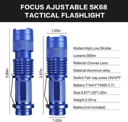 MODOAO 6 Pack,7W 300LM SK-68 3 Modes Mini Light Black Q5 LED Tactical Flashlight, LED Mini Flashlights,Adjustable Focus Zoomable Tactical Flashlight for Camping Hiking Emergency（Blue