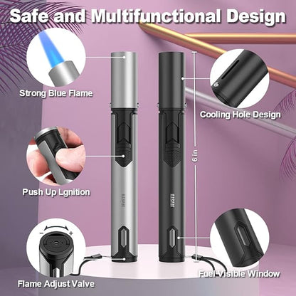 2 Pack Butane Lighter, Torch Lighter with Fuel Level Window, Adjustable Fire Jet Lighter for Fireplace, Windproof Pen Lighter for Candle Kitchen BBQ, Lighter Fluid not Included, Black & Sliver