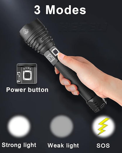 1200000 Lumens High Power Flashlight USB Rechargeable XHP70 Ultra Bright Tactical LED Flashlights,Waterproof Zoomable Heavy Duty Torch Light with 3 Modes for Camping Hiking Emergency