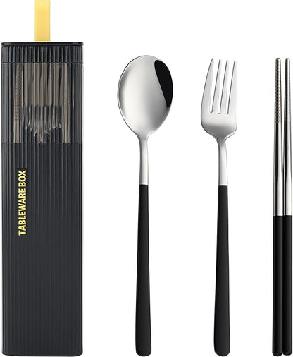 DEVICO Travel Utensils with Case, Stainless Steel Reusable Camping Silverware Set for Lunch Box, Portable Cutlery Kit Includes Fork, Spoon, Chopsticks (Black)