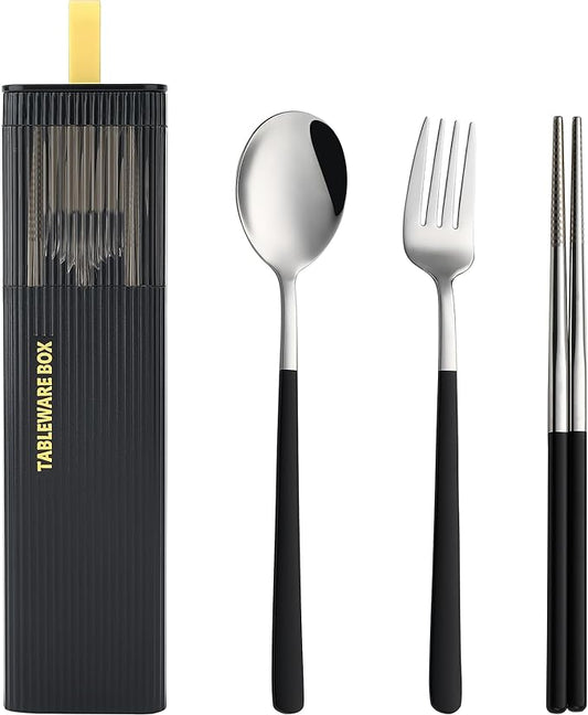 DEVICO Travel Utensils with Case, Stainless Steel Reusable Camping Silverware Set for Lunch Box, Portable Cutlery Kit Includes Fork, Spoon, Chopsticks (Black)