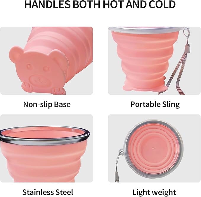 2 PCS Collapsible Cup - Silicone Small Foldable Cup-Expandable Folding Drinking Cup -Reusable Portable Mugs Cup with Lids For Travel, Camping, Hiking, Survival, Holiday Vacation White+Pink