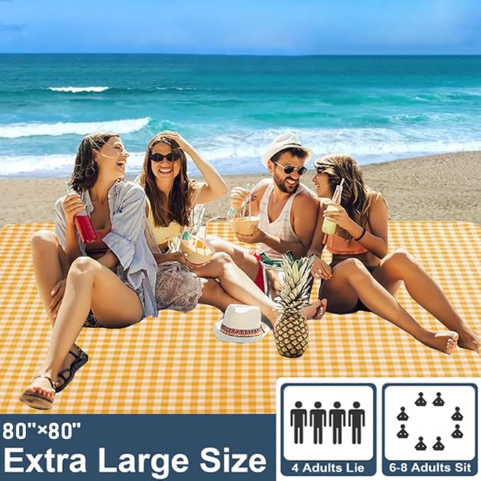 Extra Large 80"x 80" Beach Blanket, Outdoor Picnic Blankets, Waterproof Sandproof Portable Blankets, Foldable and Lightweight for Spring Summer Camping, Beach, Park