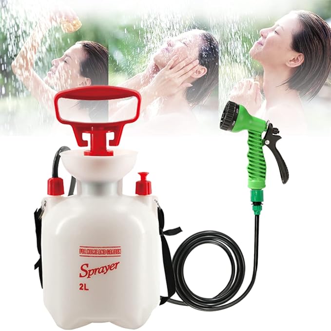 CLICIC 0.52 Gallon Pressure Sprayer with 7 Spray Modes, Camping Shower with Removable Hose and Shower Head for Camping Outdoor Traveling Hiking and Pet Bath 2L