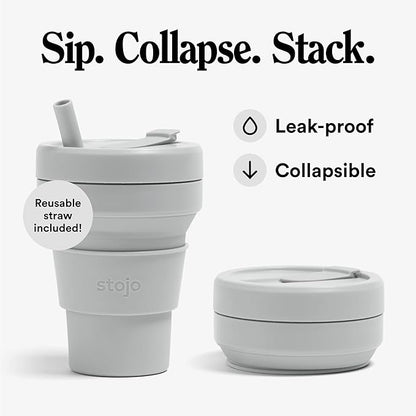 STOJO Collapsible Travel Cup With Straw – Cashmere Gray, 16oz / 470ml - Reusable To-Go Pocket Size Silicone Bottle for Hot and Cold Drinks - Perfect for Camping & Hiking - Microwave & Dishwasher Safe