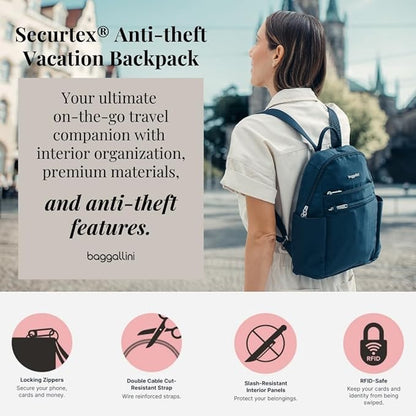 Baggallini Securtex® Anti-theft Vacation Travel Backpack 10x13 Slash-Resistant Nylon Daypack w/RFID