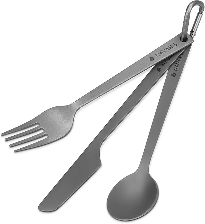Navaris Titanium Camping Cutlery Set - Lightweight Camping Utensils for One - Knife, Fork and Spoon with Carabiner Clip and Case for Hiking and Travel
