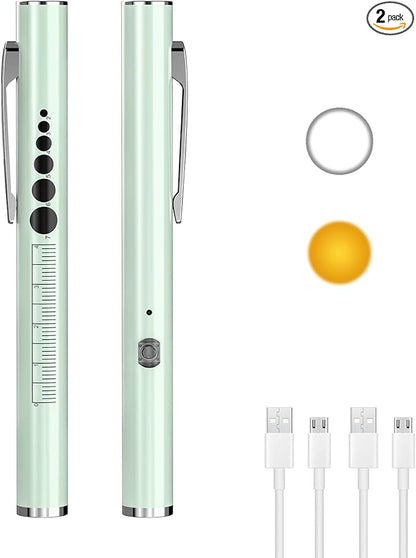 COSOOS 2 Rechargeable Penlights with Pupil Gauge & Ruler, Mini LED Pen Lights for Nurse Doctor, Warm & White Light, Chargeable Penlight with Clip, Flashlight for Nursing Student