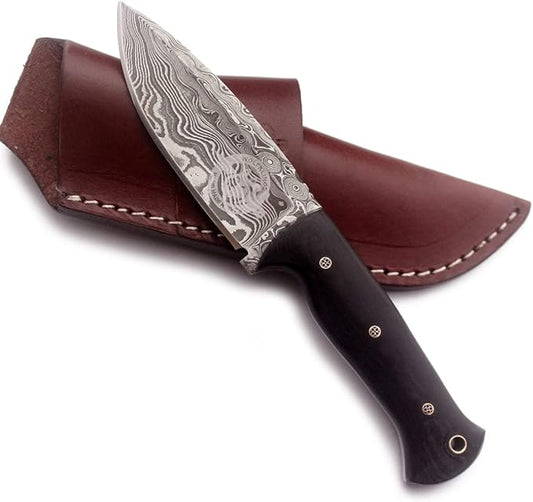 Handmade Damascus Steel Knife for Hunting,Survival,Camping,Bushcraft,and Fishing- Fixed Blade- Dagger with Drop Point Full Tang Micarta Handle-with Cowhide Leather Sheath DCX 22 -300