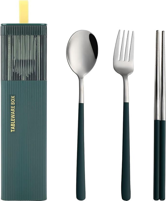DEVICO Travel Utensils with Case, Stainless Steel Reusable Camping Silverware Set for Lunch Box, Portable Cutlery Kit Includes Fork, Spoon, Chopsticks (Dark Green)