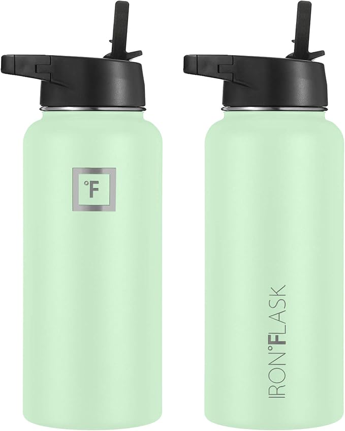 IRON °FLASK Camping & Hiking Hydration Flask, Wide Mouth, 3 Straw Lids, Stainless Steel Outdoor Water Bottle, Double Walled, Insulated Thermos, Metal Canteen - Mint, 32 Oz