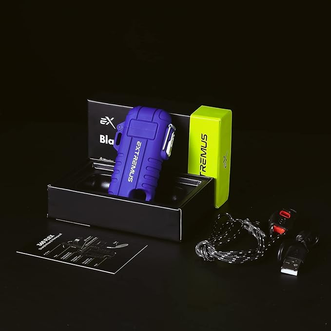 Extremus Blaze 360 Rechargeable Electric Lighters, Dual Arc Lighter, Windproof Plasma Lighter, Waterproof Lighter, Flameless Lighter with Whistle Lanyard for Camping (Blue Flex)