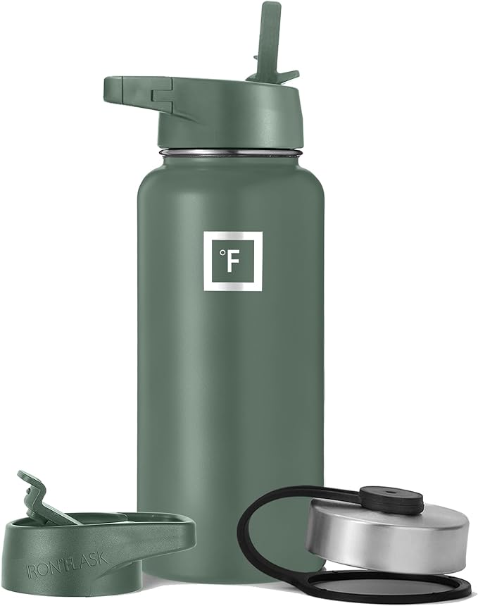 IRON °FLASK Camping & Hiking Hydration Flask, Wide Mouth, 3 Straw Lids, Stainless Steel Outdoor Water Bottle, Double Walled, Insulated Thermos, Metal Canteen - Sage, 32 Oz