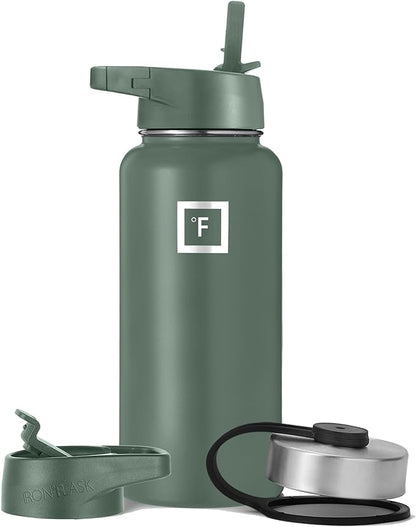 IRON °FLASK Camping & Hiking Hydration Flask, Wide Mouth, 3 Straw Lids, Stainless Steel Outdoor Water Bottle, Double Walled, Insulated Thermos, Metal Canteen - Sage, 32 Oz