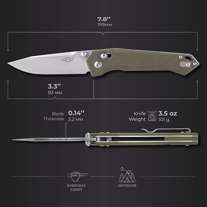 Firebird Ganzo FB7651-GR Pocket Folding Knife 440C Stainless Steel Blade G10 Anti-Slip Handle with Clip Hunting Fishing Camping Folder Outdoor EDC Knife (Green)