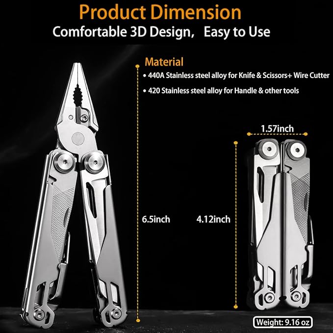 Maerd P11 Multitool, 19in1 Premium Hard Stainless Steel Multi tools Self-Locking, Outdoorsman Survival Camping EDC Multitools, Saw, First Aid Scissors, Sturdy Spring Pliers, Hexagon Wrench