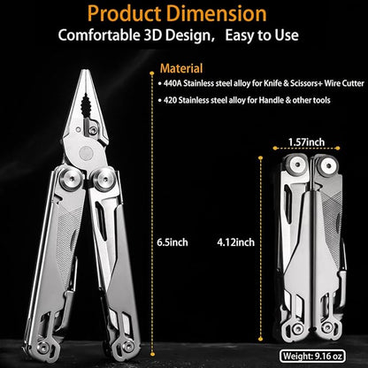 Maerd P11 Multitool, 19in1 Premium Hard Stainless Steel Multi tools Self-Locking, Outdoorsman Survival Camping EDC Multitools, Saw, First Aid Scissors, Sturdy Spring Pliers, Hexagon Wrench
