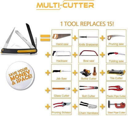 Magic Saw Multi Cutter that is folding Special Blades, Hacksaw, Carbide Saw, Glass Cutter, Wood Saw and even Sharpener such as Swiss Army Knife, Necessary in Camping, Fishing, Hiking, Outdoor Indoor