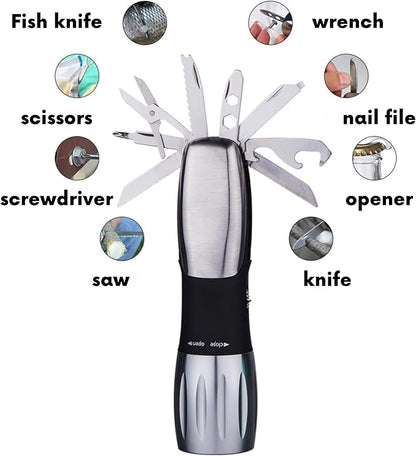Car Emergency Tool Flashlight Escape Tool Light Multi-tool LED Flashlight torch with 8 Tools Including Flashlights Knief Bottle Opener Scissors Screwdriver