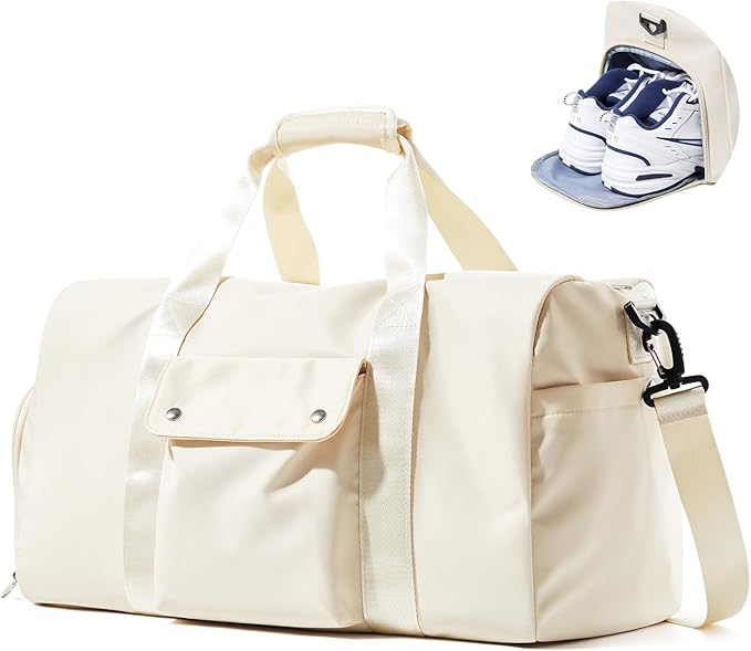 Travel Duffle Bag, Gym Bag with Shoe Compartment, Carry on Bags for Women Weekender Overnight Bag, Underseat Personal Item Bolso de Viaje - Beige
