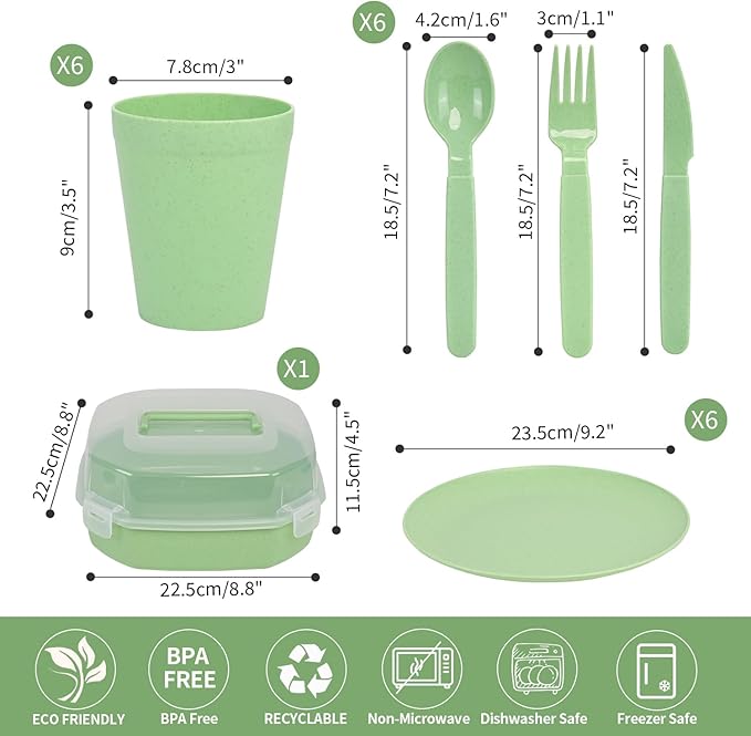 Wheat Straw Dinnerware Sets for 6, 31 Piece Unbreakable Outdoor Cutlery Set. Reusable plates and cups set for camping, picnics, RV trips, and party grills. (Green)