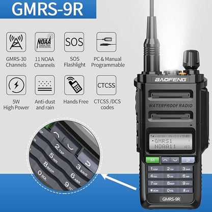 Baofeng GMRS-9R GMRS Radio Waterproof IP67 Two Way Radios GMRS Repeater Capable Rechargeable Walkie Talkies Long Range NOAA Weather Alerts Scan with Extra Tactical Antenna,2800mAh Battery,Speaker Mic