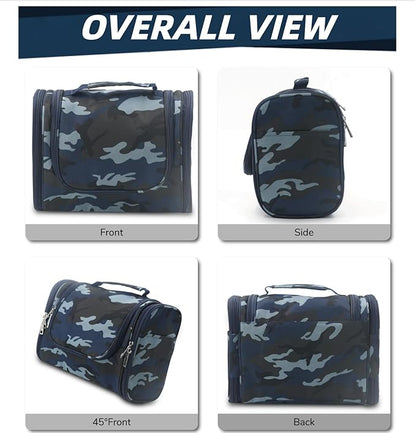 Buruis Large Capacity Toiletry Bag for Women and Men, Hanging Toiletry Organizer Cosmetics Makeup Bag, Water-resistant Dopp Kit Shaving Bags for Full Sized Toiletries, Travel Essentials (Camo Blue)