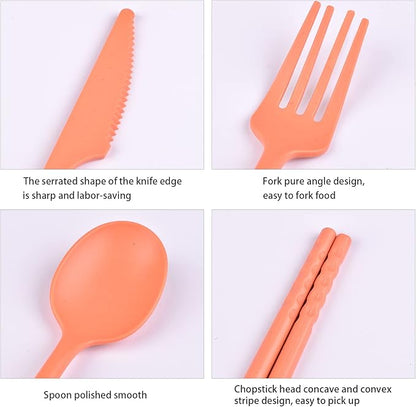 Camping Utensil Set, Reusable Utensils Set with Case, Plastic Cutlery Set Forks Spoon Tableware Chopsticks, Portable Cutlery Set for Travel Picnic Camping or Daily Use (Orange)