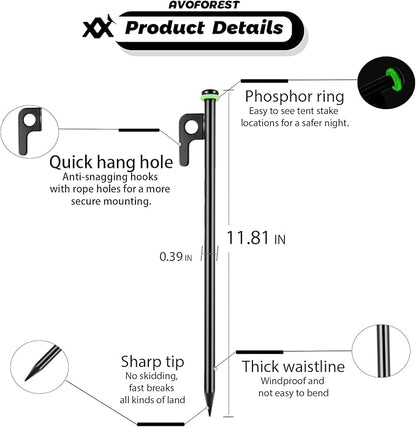 12Inch Heavy Duty Tent Stakes, 8PCS Tent Pegs Metal+Fluorescent Silicone Rings+ Storage Bag for Camping