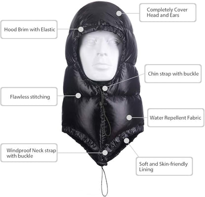 Winter Warm Ultralight Down Hood Waterproof Sleeping Bag Outdoor Camping Windproof Down Cap Hat with Storage Bag
