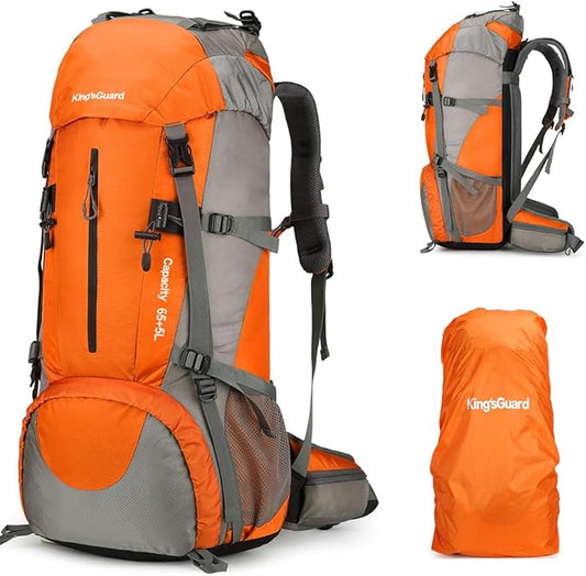 King'sGuard 70L Hiking Backpack Waterproof Camping Backpack with Rain Cover Large Lightweight Backpacking Backpack Daypack for Travel Outdoor -Frameless (Orange)