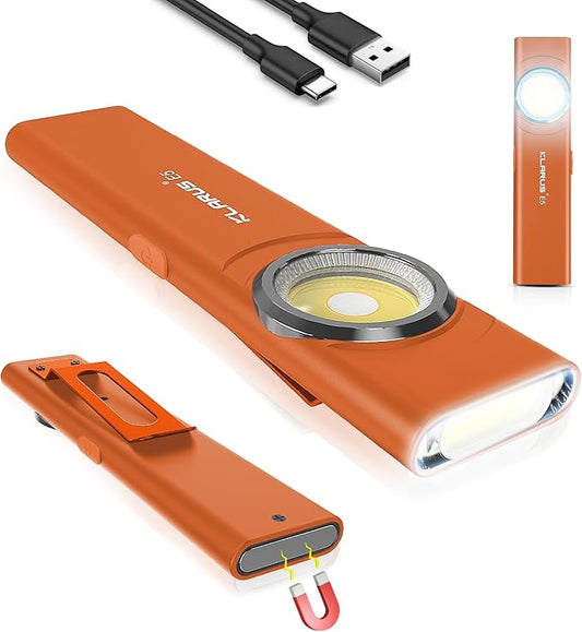 klarus E5 Pocket Flashlight, Rechargeable EDC Flashlight, Super Slim Flat 4.2x1x0.3inch, 470 Lumens, USB-C Port, IPX4, Dual Light Source with Magnetic Base, Hat & Clothes Clip - Orange