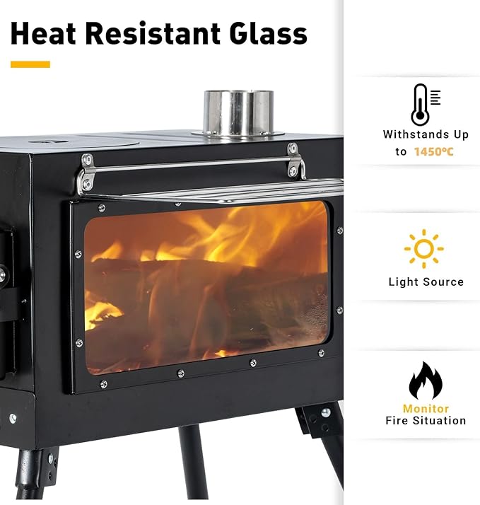Outdoor Camping Stove Camp Tent Stove, Portable Wood Burning Stove with Chimney Pipe for Tent, Shelter, Camping Heating and Cooking (Pipe Diameter: 2.95")