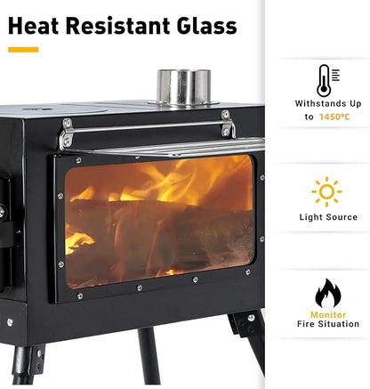Outdoor Camping Stove Camp Tent Stove, Portable Wood Burning Stove with Chimney Pipe for Tent, Shelter, Camping Heating and Cooking (Pipe Diameter: 2.95")
