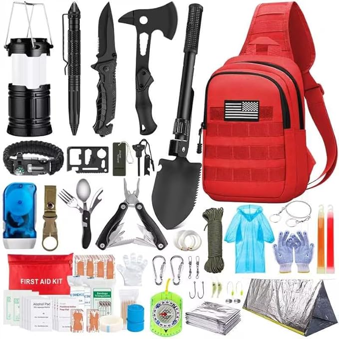 Emergency Survival Kit, 151 Pcs Survival Gear First Aid Kit, Outdoor Trauma Bag with Tactical Flashlight Knife Pliers Pen Blanket Bracelets Compass for Camping Earthquake or Adventures