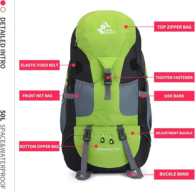 Bseash 50L Hiking Backpack, Water Resistant Lightweight Outdoor Sport Daypack Travel Bag for Camping Climbing Touring (Green - No Shoe Compartment)