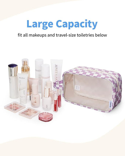 Narwey Checkered Clear Makeup Bag Cosmetic Bag with Zipper for Travel, Clear Toiletry Bags for Traveling Toiletries Women Men, Make Up Pouch with Handle, Skincare Bag (Purple Checkerboard)