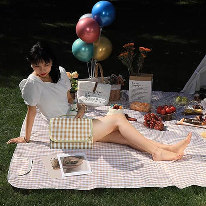 K Y KANGYUN 80x80 in Extra Large Picnic Blanket Outdoor Beach Blankets, Water-Resistant Foldable Sandproof Blankets Cute Picnic Mat for Beach, Camping Grass Lawn Park Mats (Tan Gingham)