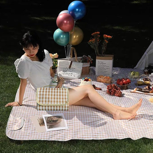 K Y KANGYUN 80x80 in Extra Large Picnic Blanket Outdoor Beach Blankets, Water-Resistant Foldable Sandproof Blankets Cute Picnic Mat for Beach, Camping Grass Lawn Park Mats (Tan Gingham)