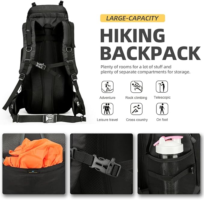 60L Hiking Backpack Lightweight Camping Backpack with Rain Cover Large Waterproof Packable Outdoor Trekking Travel Backpack for Men Women (Black)