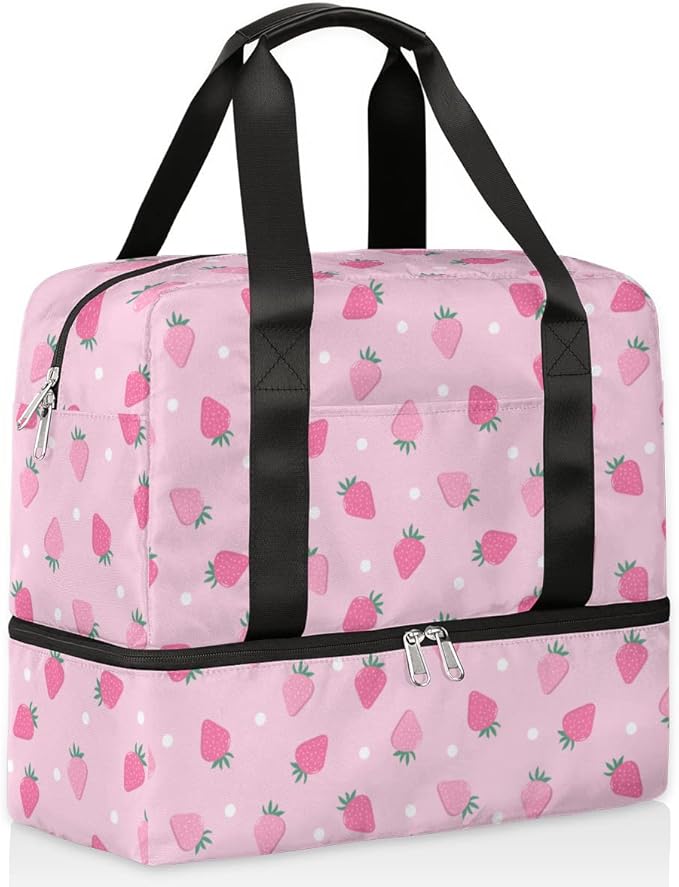 Sports Gym Bag Cute Strawberry Pink Travel Duffel Bag Waterproof Lightweight Swim Bag Travel Tote Luggage Weekender Overnight Handbag Workout Bag with Shoes Compartment for Women Men