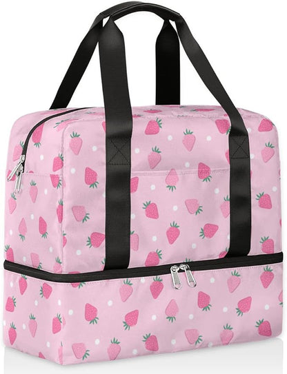 Sports Gym Bag Cute Strawberry Pink Travel Duffel Bag Waterproof Lightweight Swim Bag Travel Tote Luggage Weekender Overnight Handbag Workout Bag with Shoes Compartment for Women Men