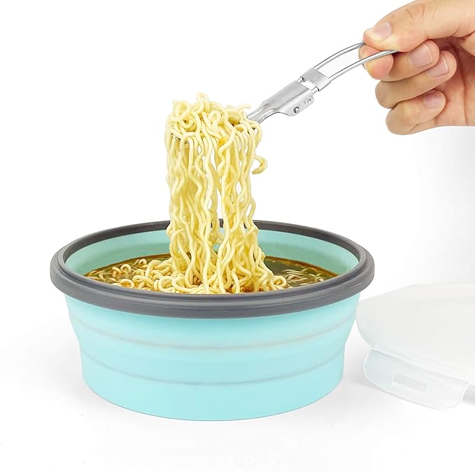 1200ml Collapsible Camping Bowl Silicone Food Storage Container with Lid and Foldable Stainless Steel Fork Spoon, for Picnic, Travel, Camping, RV, Fridge and Microwave Bowls