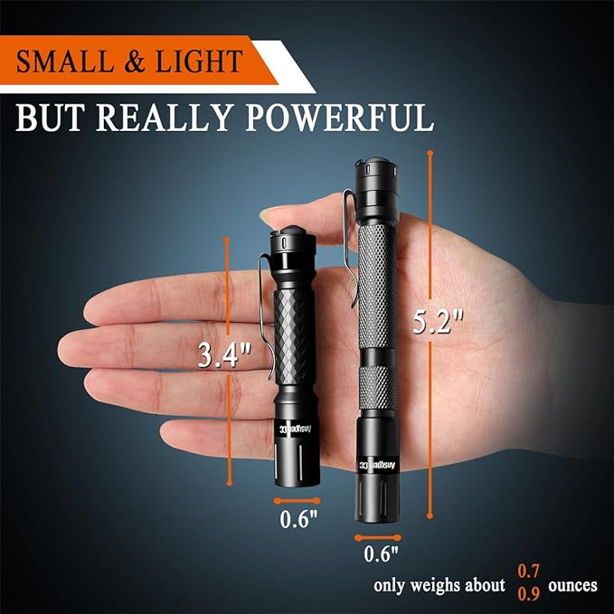 Mini Flashlight 3 Modes Small Flashlights LED Powerful High Lumens Tactical Pen Light with Clip,Slim Portable Pocket Compact Torch for Emergency Inspection AAA Battery Water-Resistant (3.4 & 5.2 inch)