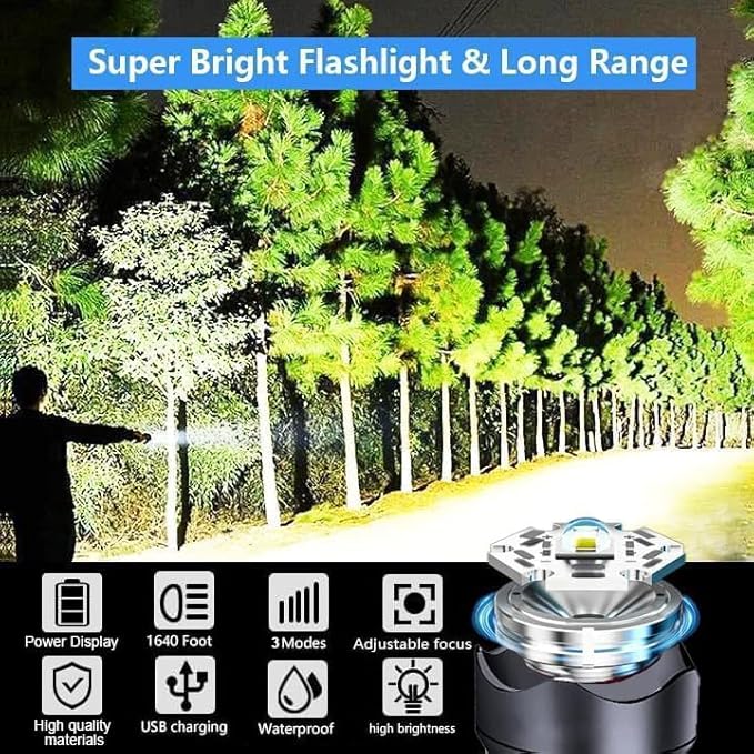 Led Flashlights High Lumens Rechargeable — 990,000 LM Led Flashlight Rechargeable, Super Bright Flashlight Rechargeable Flashlights, Powerful Flashlights for Emergencies Camping Hiking Gift
