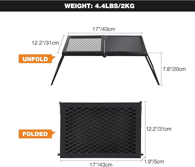REDCAMP Folding Campfire Grill Heavy Duty Steel Grate, Portable Camp Fire Cooking Racks and Griddle for Outdoor Versatile Campfire Cooking