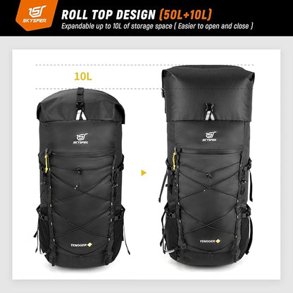 SKYSPER Hiking Backpack - 50L Roll Top Backpacking Backpack Lightweight Comfortable Breathable Camping Travel Pack for Men Women(Black)