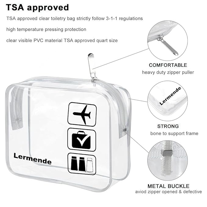 Lermende 2pcs Clear Toiletry Bag TSA Approved Travel Bag,Carry On for Travel,Airport Airline Accessories Compliant Bag,Quart Sized Makeup Cosmetic bag Women Men (Clear, 3 Pack)