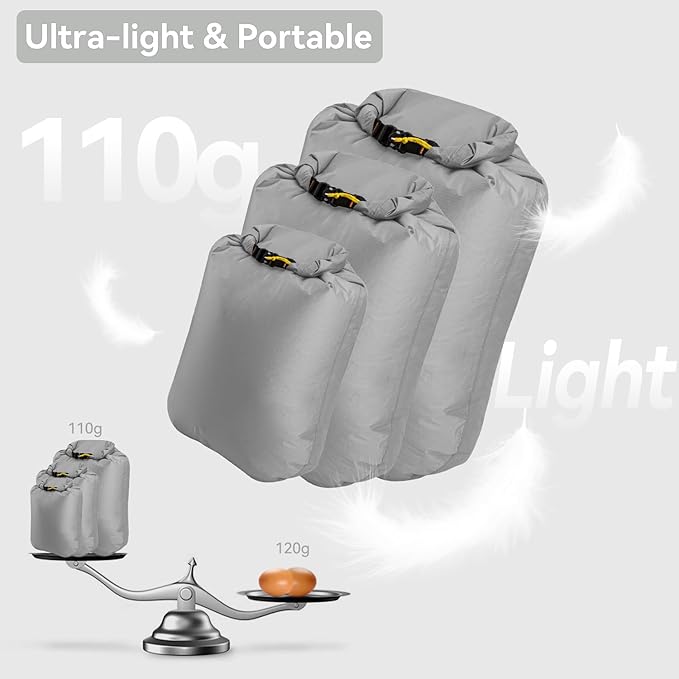 HIKEMAN Dry Bag Waterproof - Ultralight Dry Sack,Outdoor Roll Top Drybags,3-Pack Stuff Sack for Travel,Swimming,Rafting,Boating,Kayaking,Camping,Beach (Grey)